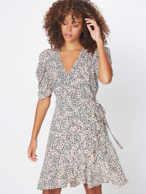 Pink Floral Print Ruched Sleeve Wrap Mini Dress | Women | George at ASDA